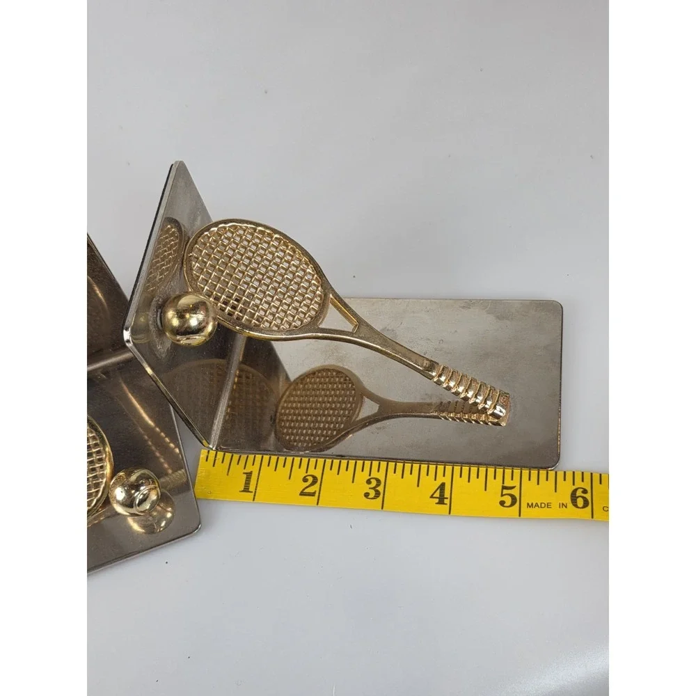 Pair Of Vintage Polished Brass and Chrome Tennis Racket Bookend Decor Figurine